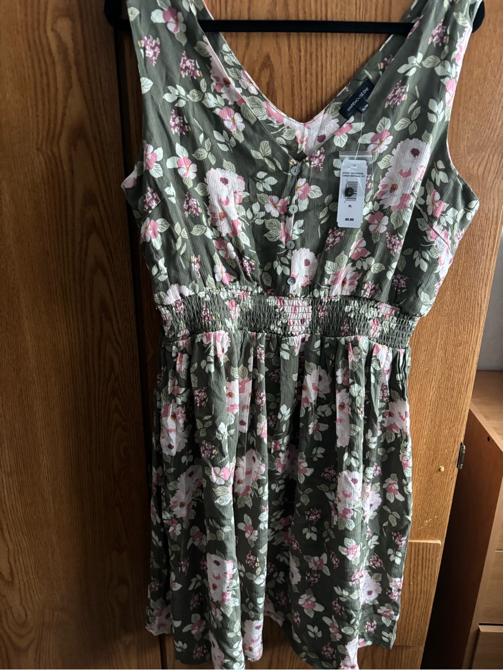 Floral V-Neck Midi Dress in Olive Green with Pink Blooms